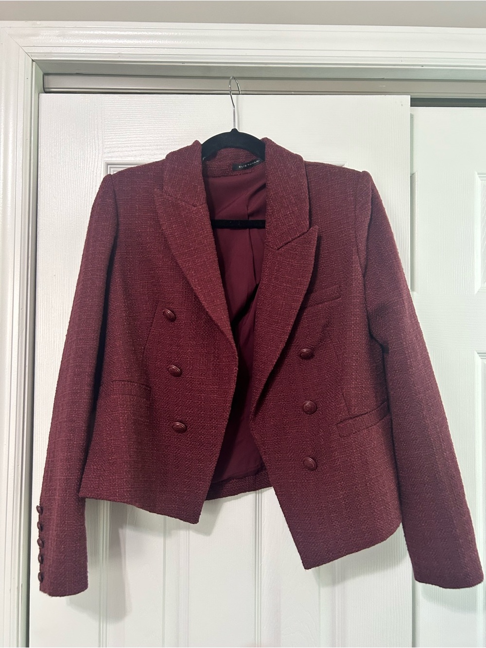 Ellie Tahari Double-Breasted Maroon Tweed Blazer Jacket